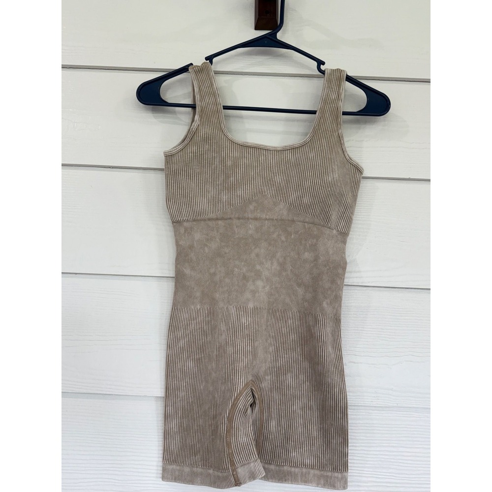 Zenana Ribbed Seamless Romper Mineral Wash Tan S/M Activewear Bodycon